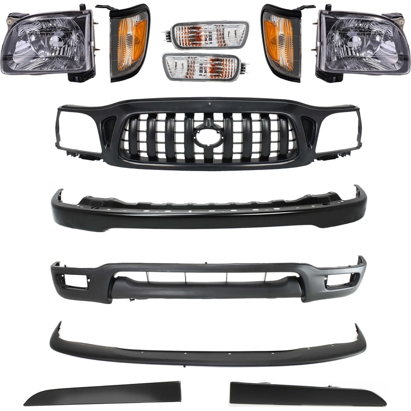 Front Bumper Replacement Kit for 2001-2004 Toyota Tacoma, 12-Piece Set with Bumper, Bumper Trim, Corner Lights, Grille Assembly, Headlights, Fillers for Headlights, Turn Signal Lights, and Valance