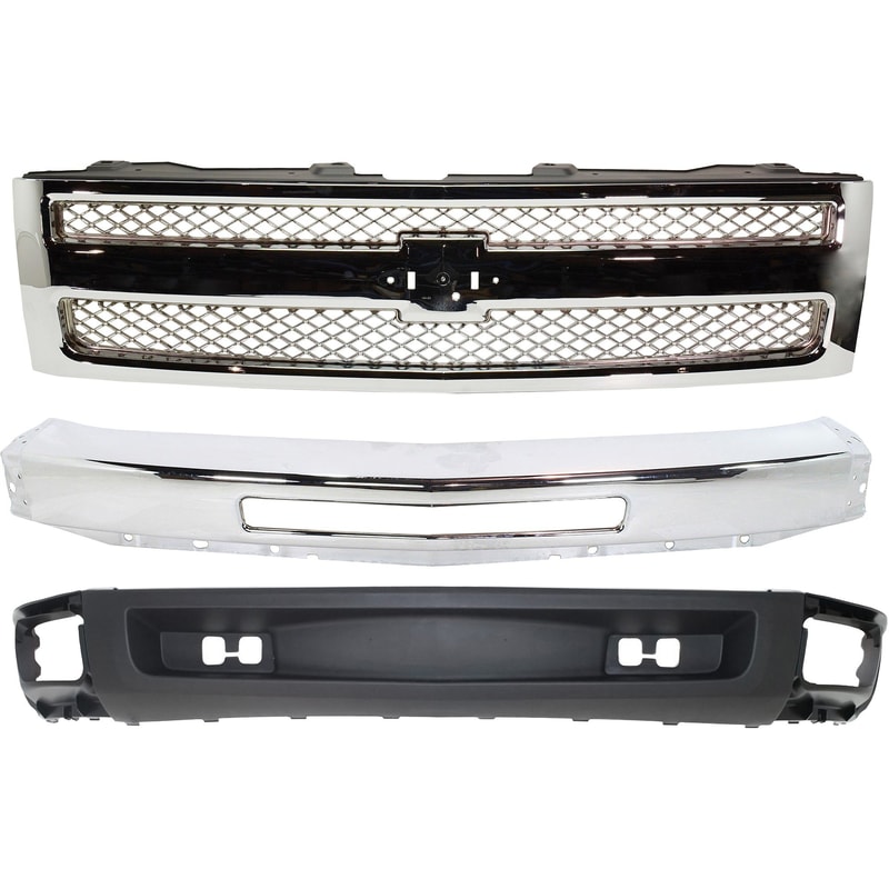 3-Piece Kit Grille for Chevrolet Silverado 1500 2009-2013, without Tow Hook Holes, includes Bumper and Lower Air Deflector - Replacement