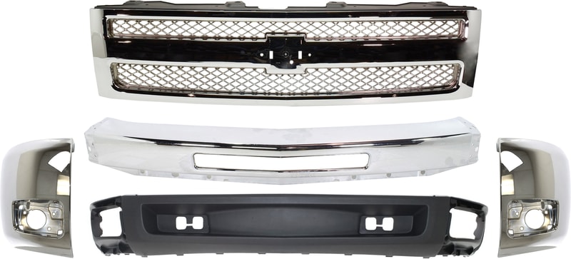 5-Piece Grille Kit for 2009-2013 Chevrolet Silverado 1500, without Tow Hook Holes, with Fog Lights, Bumper, Bumper Ends and Lower Air Deflector Replacement