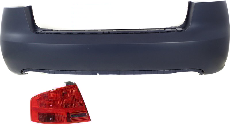 Rear Bumper Cover Kit for Audi A4/S4 2005-2008 Sedan, 2-Piece Set with Tail Light, without Parking Aid Sensor Holes, Replacement
