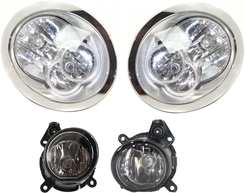 Headlight Assembly for MINI COOPER 2005-2008, Right (Passenger) and Left (Driver), Halogen, 4-Piece kit with Fog Lights, Replacement