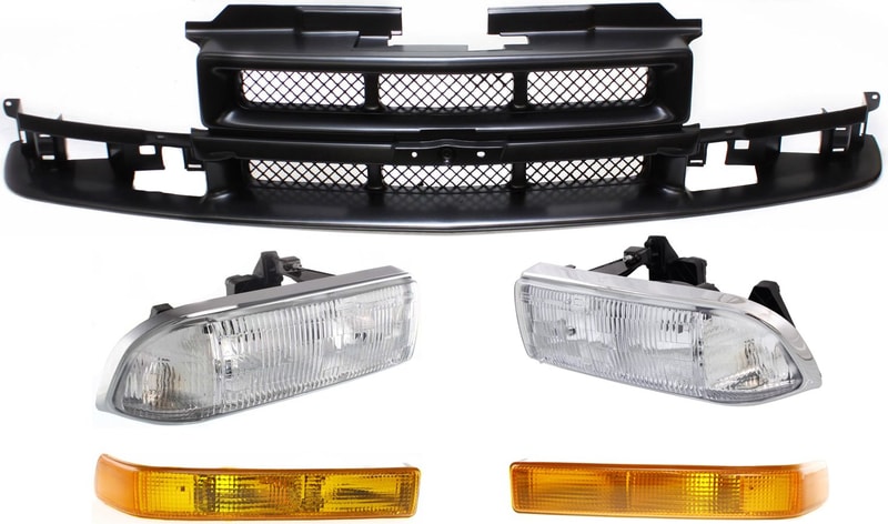 Headlight Assembly Kit for Chevrolet Blazer 1998-2005 / S10 1998-2004, Right (Passenger) and Left (Driver), Halogen, 5-Piece Kit with Grille Assembly and Turn Signal Lights, Replacement