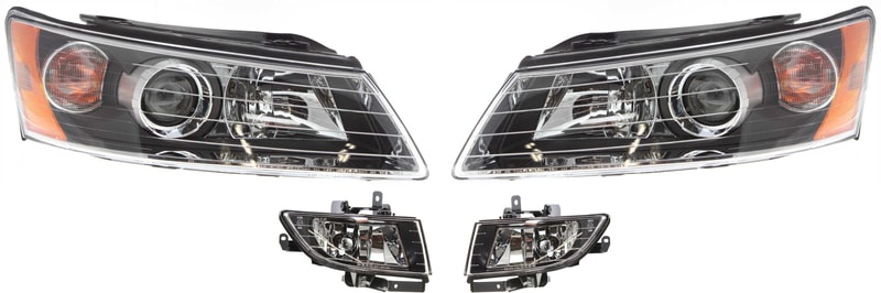 Headlight Assembly for 2006-2008 Hyundai Sonata, Right (Passenger) and Left (Driver), Halogen, 4-Piece Kit with Fog Lights, Replacement