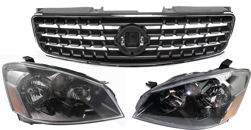 Headlight Assembly for 2005-2006 Nissan Altima, Right (Passenger) and Left (Driver), Halogen, 3-Piece kit with Grille Assembly, Replacement
