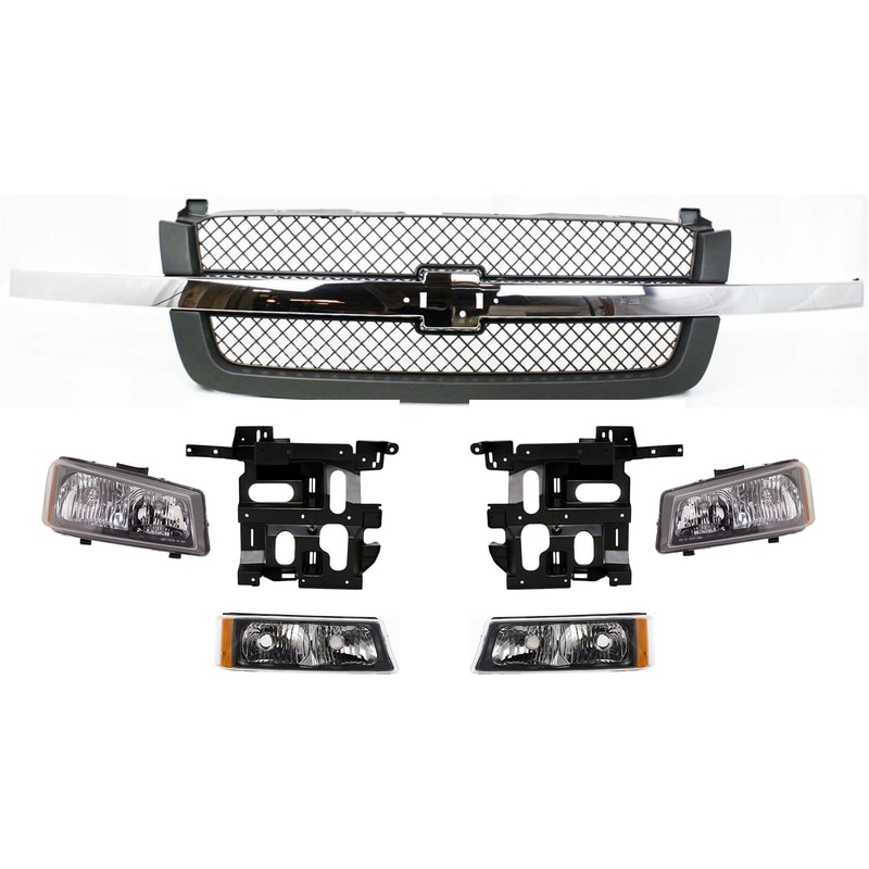 7-Piece Grille Kit for 2003-2007 Chevrolet Silverado, Includes Headlight Brackets, Headlights, and Turn Signal Lights, Replacement