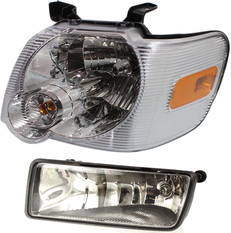 Headlight Assembly for Ford Explorer 2006-2010, Explorer Sport Trac 2007-2010, Left (Driver), Halogen, 2-Piece Kit with Fog Light, Replacement