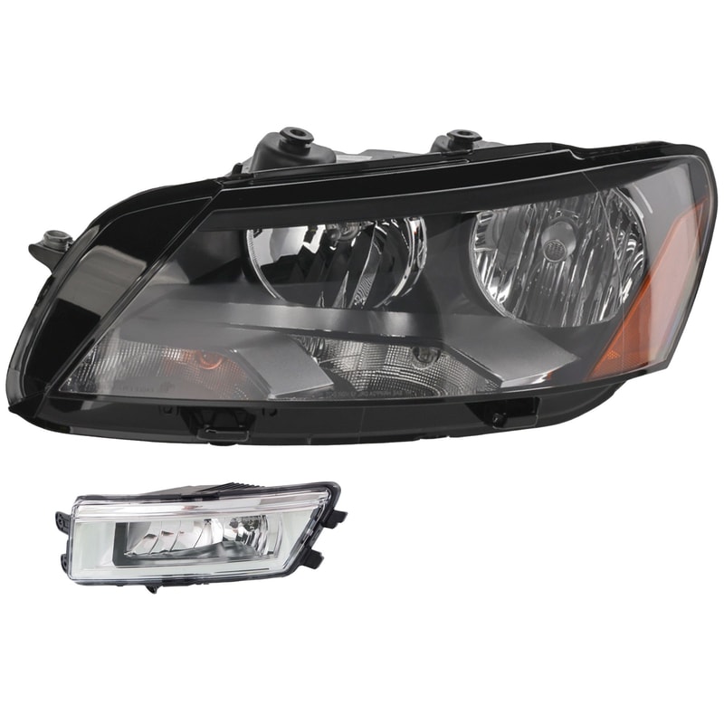 Headlight with Bulb and Fog Light for Volkswagen Passat 2012-2015, Left (Driver), 2-Piece Kit, Replacement