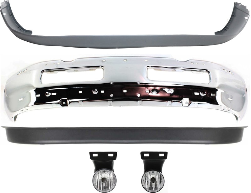 5-Piece Chrome Front Bumper Kit for 1999-2002 Dodge Full Size Pickup, Includes Bumper Cover, Fog Lights, and Valance - Replacement Kit