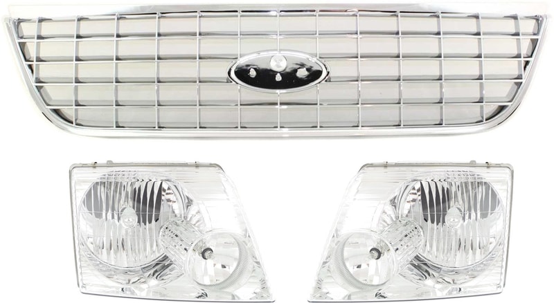 3-Piece Grille Kit with Headlights for Ford Explorer 2002-2005, Complete Replacement Set