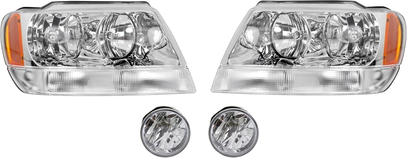 Headlight Assembly for Jeep Grand Cherokee 2004, Right (Passenger) and Left (Driver), Halogen, 4-Piece kit with Fog Lights, Replacement