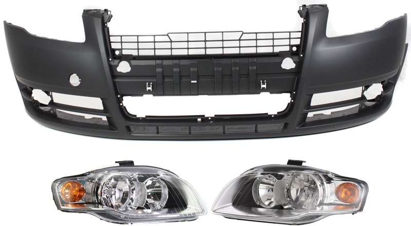 Headlight Assembly Kit for Audi A4/A4 Quattro 2005-2009, Right (Passenger) and Left (Driver), 3-Piece Halogen with Bumper Cover, Replacement