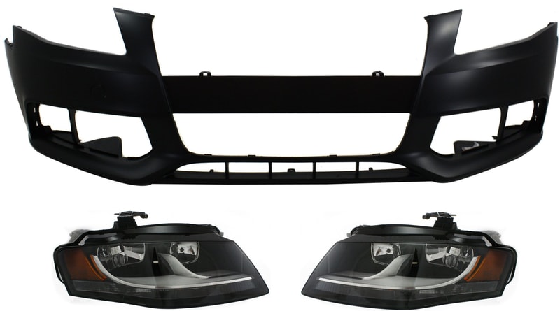 Headlight Assembly Kit for Audi A4/A4 Quattro 2009-2012, Right (Passenger) and Left (Driver), Halogen, 3-Piece with Bumper Cover, Replacement