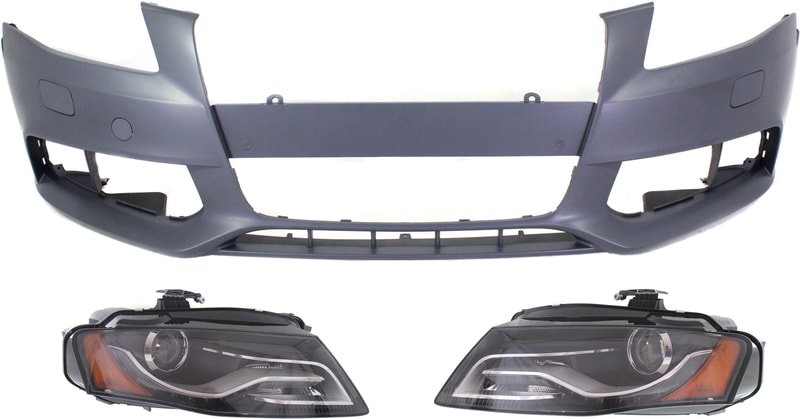 Headlight Kit for Audi A4/A4 Quattro 2009-2010, Right (Passenger) and Left (Driver), Lens and Housing, Xenon, 3-Piece with Bumper Cover, Replacement