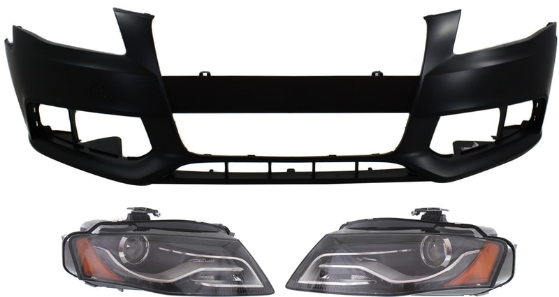 Headlight Kit for Audi A4/A4 Quattro 2009-2010, Right (Passenger) and Left (Driver), Lens and Housing, Xenon, 3-Piece with Bumper Cover Replacement