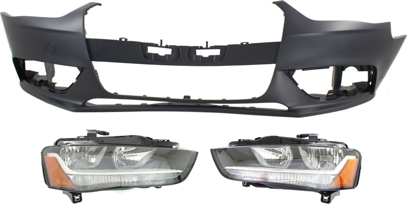 Headlight Assembly Kit for Audi A4 2013-2016/A4 Quattro 2013-2014, Right (Passenger) and Left (Driver), Halogen, 3-Piece with Bumper Cover, Replacement