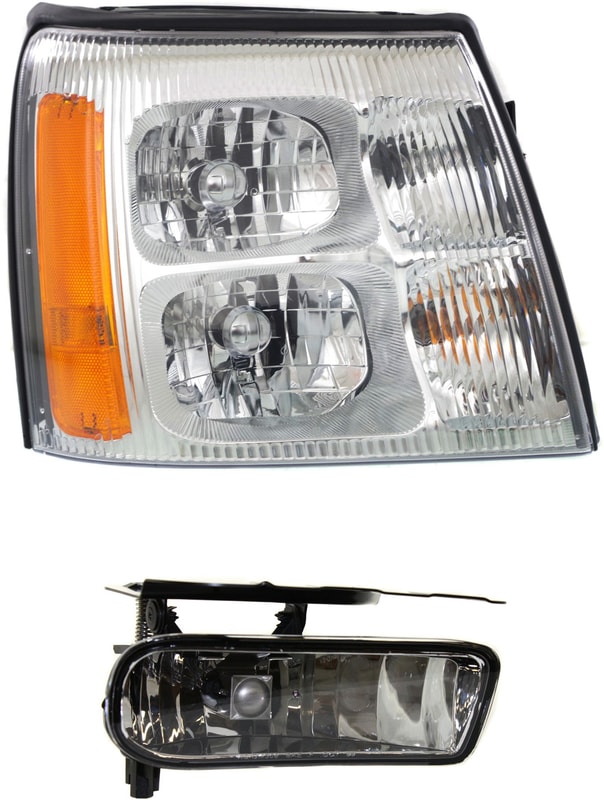 Headlight with Bulb and Fog Light for Cadillac Escalade 2002, Right (Passenger) 2-Piece Kit Replacement