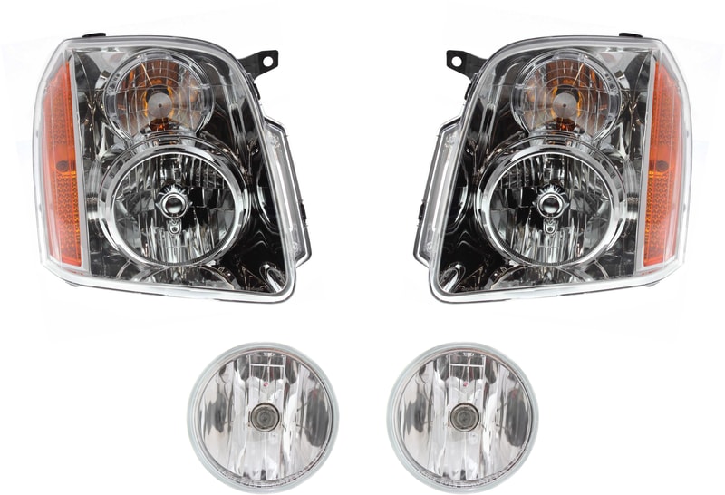 Headlight Assembly Kit for 2007-2014 GMC Yukon/Yukon XL 1500, Includes Right (Passenger) and Left (Driver) Halogen Headlights, 4-Piece with Fog Lights, Replacement