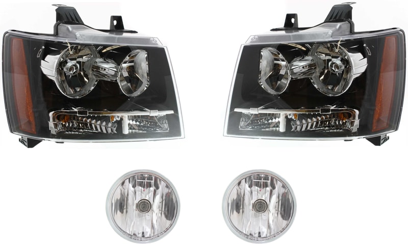 Headlight Assembly Kit for Chevrolet Suburban 1500/Tahoe 2007-2014, Right (Passenger) and Left (Driver), Halogen, 4-Piece with Fog Lights, Replacement