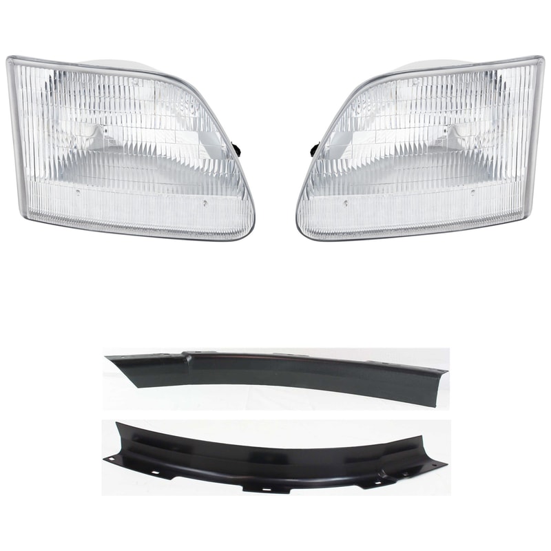 Headlight Assembly Kit for 1997-2002 Ford Expedition, 1997-2003 F-150, Right (Passenger) and Left (Driver), 4-Piece, Halogen, Excludes STX, Heritage, Harley, King Ranch Models, Includes Bumper Trim, Replacement