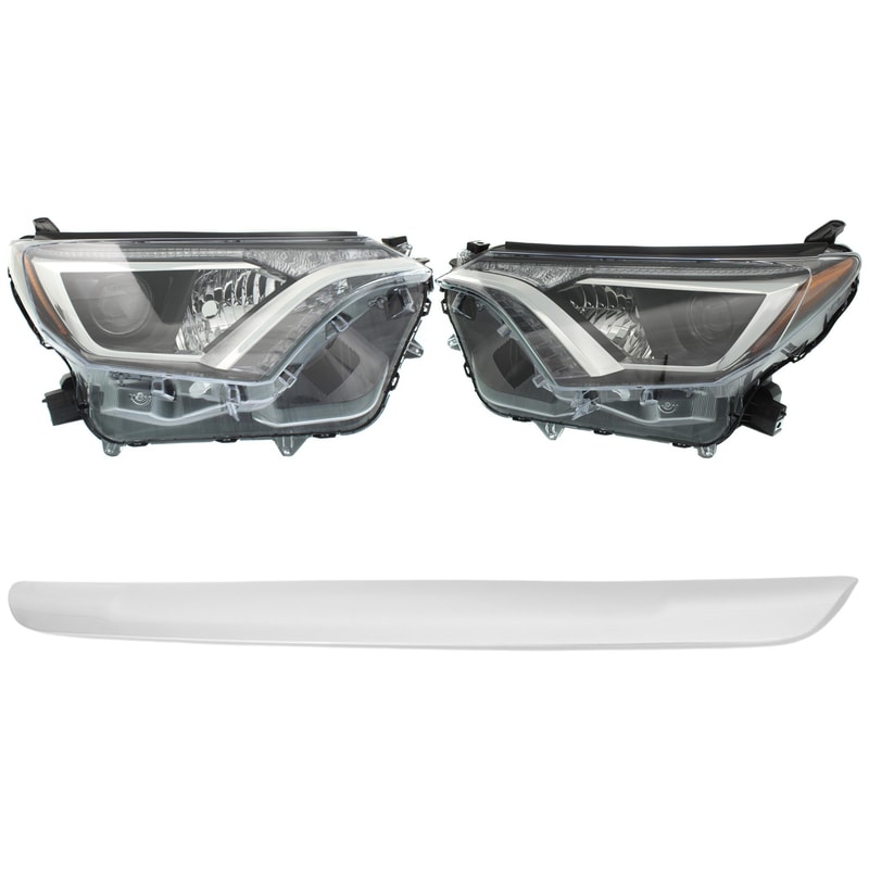Headlight for Toyota RAV4 2017-2018, Right (Passenger) and Left (Driver), 4-Piece Kit, Lens and Housing, Halogen, with Bumper Trim, Replacement