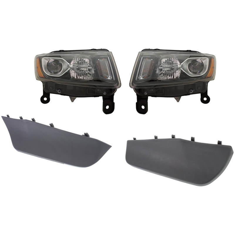 Headlight Assembly Kit for Jeep Grand Cherokee 2014-2016, Right (Passenger) and Left (Driver), 4-Piece Set, Halogen, with Bumper Trim, Replacement
