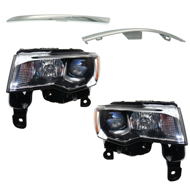 Headlight Assembly for Jeep Grand Cherokee 2017-2021, 4-Piece Kit with Right (Passenger) and Left (Driver) Sides, Halogen Light, Includes Bumper Trim, Replacement