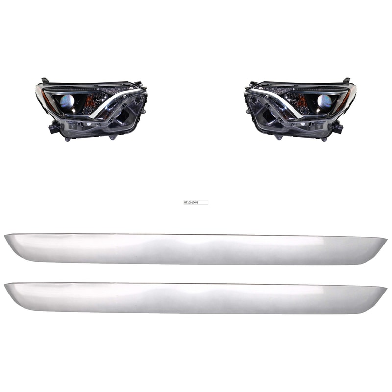 Headlight Assembly Kit for 2016 Toyota RAV4, Right (Passenger) and Left (Driver) Halogen Lights with Chrome Bezel, 4-Piece Kit - Includes Bumper Trim, Replacement.