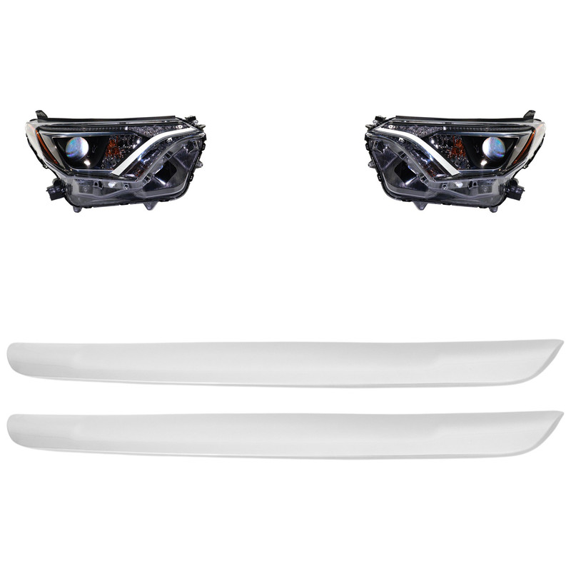 Headlight Assembly Kit for Toyota RAV4, 2017-2018 Models, Right (Passenger) and Left (Driver), 4-Piece Kit with Chrome Bezel, Halogen, Includes Bumper Trim, Replacement