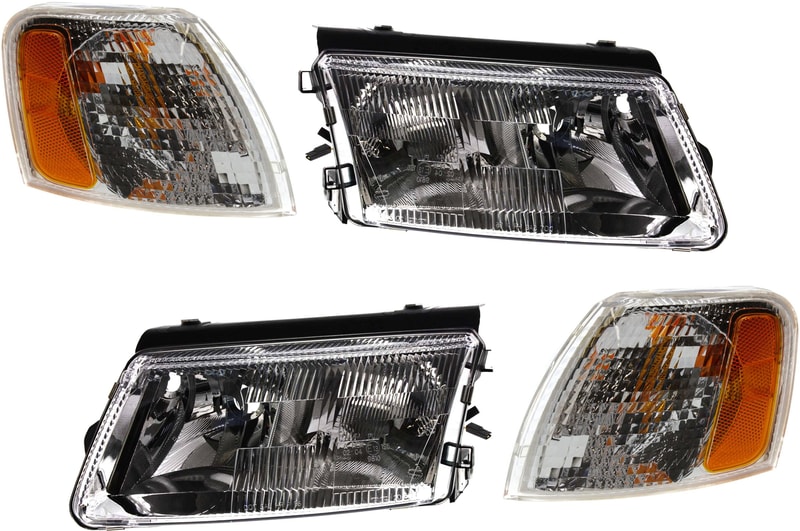 Headlight for Volkswagen Passat 1998-2001, Right (Passenger) and Left (Driver), Lens and Housing, Halogen, 4-Piece Kit with Corner Lights, Replacement