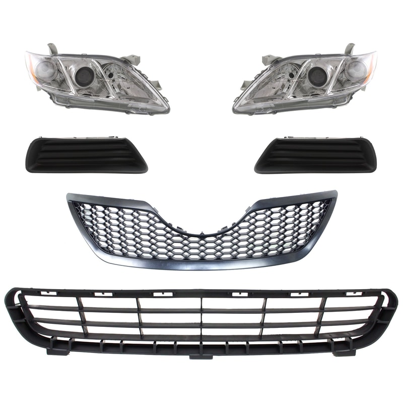 Headlight Kit for Toyota Camry 2007-2009, Right (Passenger) and Left (Driver), 6-Piece Set with Lens, Housing, Halogen, Bumper Grille, Fog Light Cover and Grille Assembly, Replacement