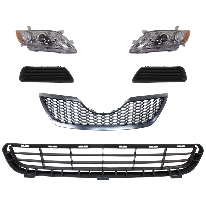 Headlight Kit for 2007-2009 Toyota Camry- Right (Passenger) and Left (Driver), 6-Piece, with Lens and Housing, Halogen, Includes Bumper Grille, Fog Light Cover and Grille Assembly, Replacement