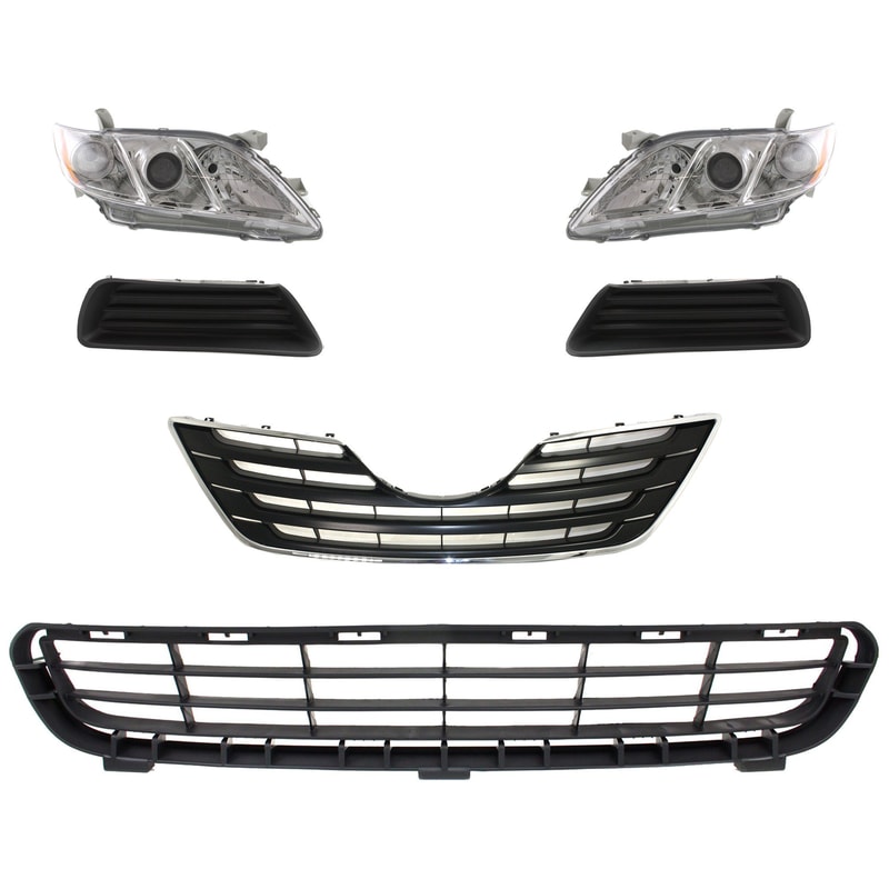 Headlight Kit for 2007-2009 Toyota Camry, 6-Piece with Right (Passenger) and Left (Driver), Includes Lens and Housing, Halogen, Bumper Grille, Fog Light Cover and Grille Assembly Replacement