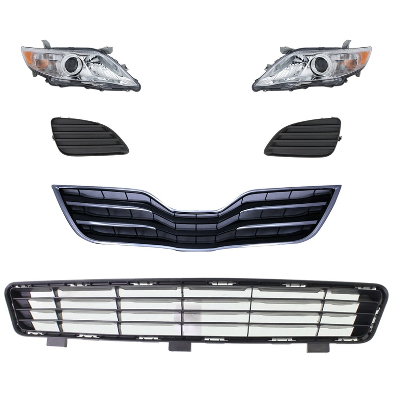 Headlight Assembly Kit for 2010-2011 Toyota Camry, Right (Passenger) and Left (Driver), 6-Piece Kit with Halogen, Bumper Grille, Fog Light Cover and Grille Assembly Replacement