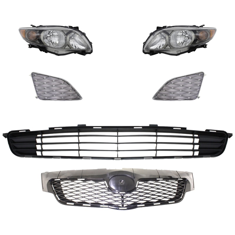 Headlight Assembly Kit for 2009-2010 Toyota Corolla, Right (Passenger) and Left (Driver), 6-Piece Set, Halogen, Includes Bumper Grille, Fog Light Cover and Grille Assembly Replacement