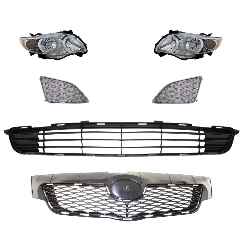 Headlight Assembly Kit for 2009-2010 Toyota Corolla Right (Passenger), Left (Driver), 6-Piece Set, Halogen, with Bumper Grille, Fog Light Cover, and Grille Assembly Replacement
