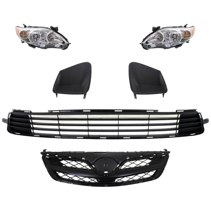 Headlight Assembly Kit for Toyota Corolla 2011-2013, Right (Passenger) and Left (Driver), 6-Piece, with Bumper Grille, Fog Light Cover, Grille Assembly, Halogen, Replacement
