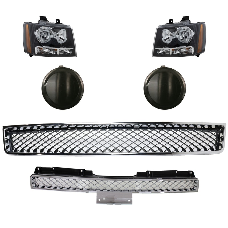 Headlight Assembly Kit for Chevrolet Avalanche 2007-2013, Tahoe 2007-2014, Right (Passenger) and Left (Driver), 6-Piece, Halogen, with Bumper Grille, Fog Light Cover, and Grille Assembly Replacement