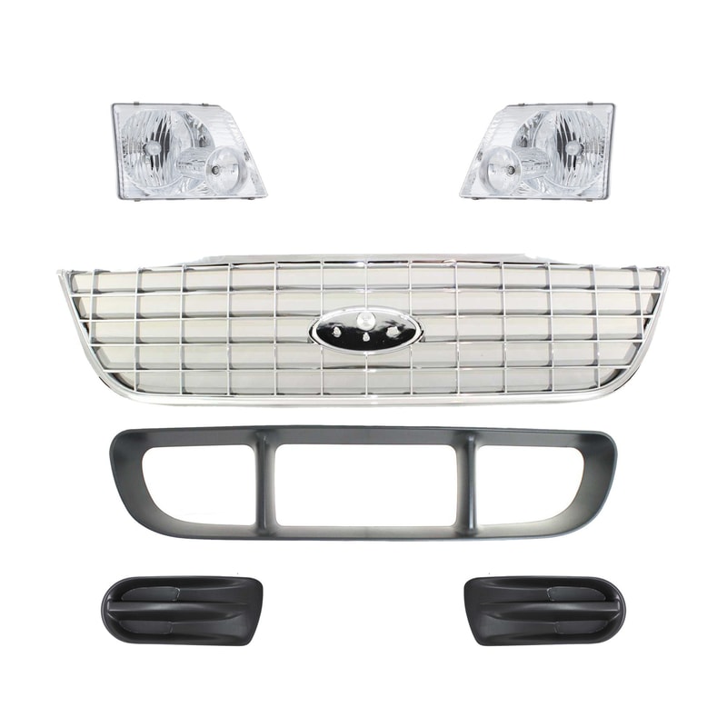 6-Piece Chrome Grille Kit for Ford Explorer 2002-2005, Includes Bumper Grille, Fog Light Cover, and Headlight Replacement