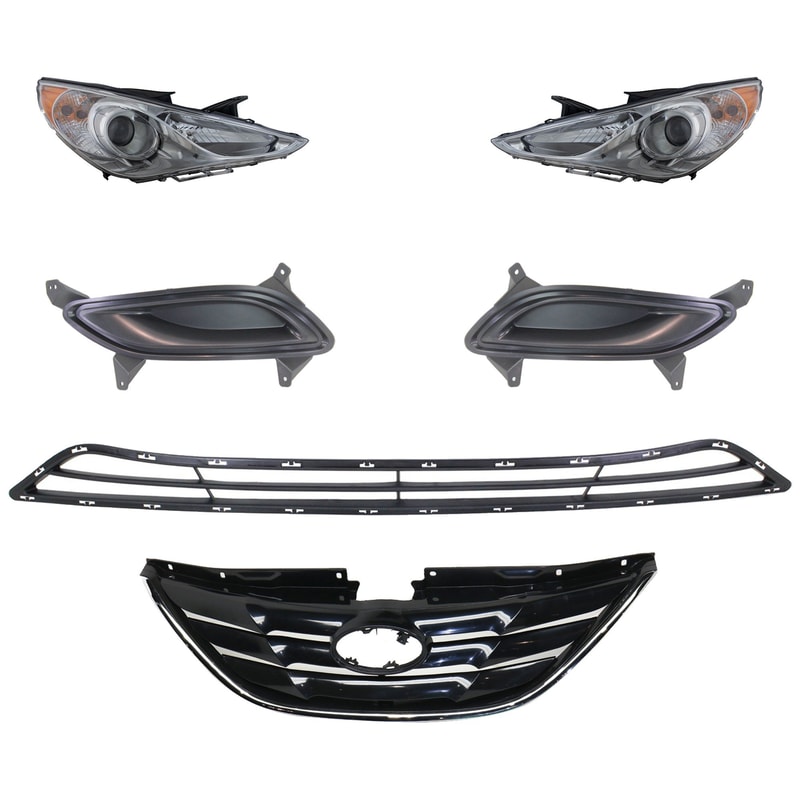 Headlight Assembly for 2011-2013 Hyundai Sonata, Right (Passenger) and Left (Driver), 6-Piece kit, Halogen, with Bumper Grille, Fog Light Cover and Grille Assembly Replacement