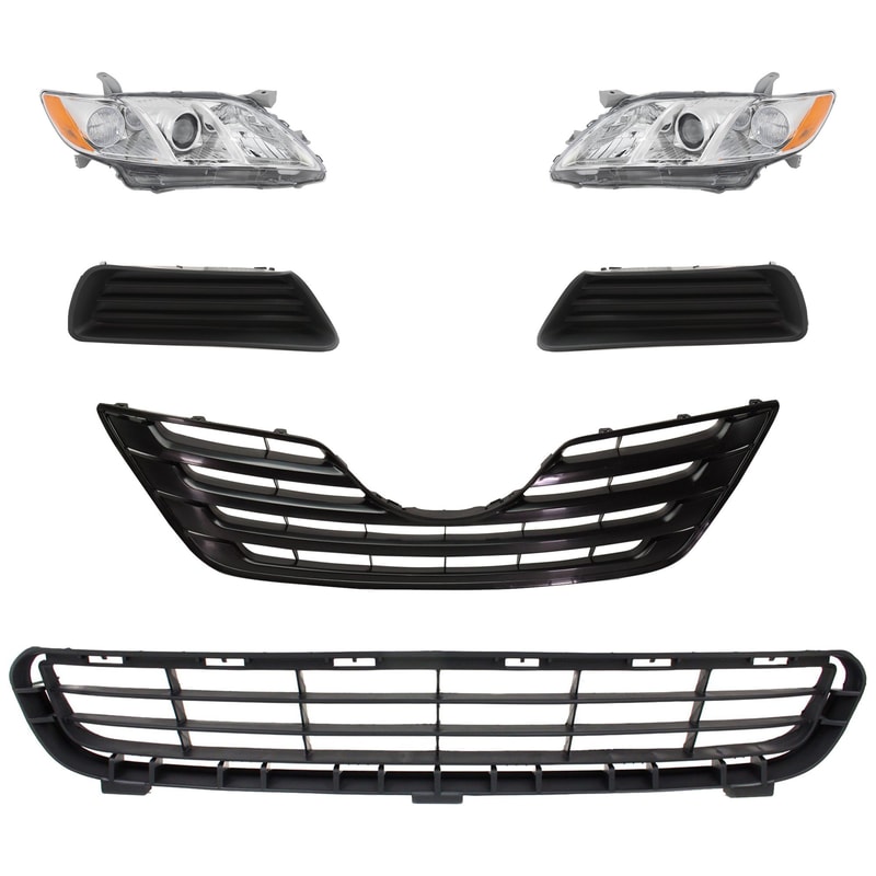 Headlight Kit for 2007-2009 Toyota Camry, Right (Passenger) and Left (Driver), 6-Piece Set, Lens and Housing, Halogen, with Bumper Grille, Fog Light Cover, and Grille Assembly Replacement