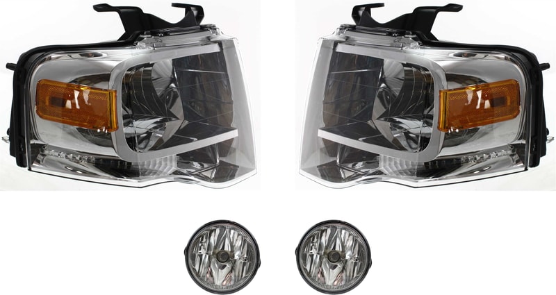 Headlight Assembly Kit for Ford Expedition 2007-2014, Right (Passenger) and Left (Driver), Halogen, 4-Piece Kit with Fog Lights, Replacement