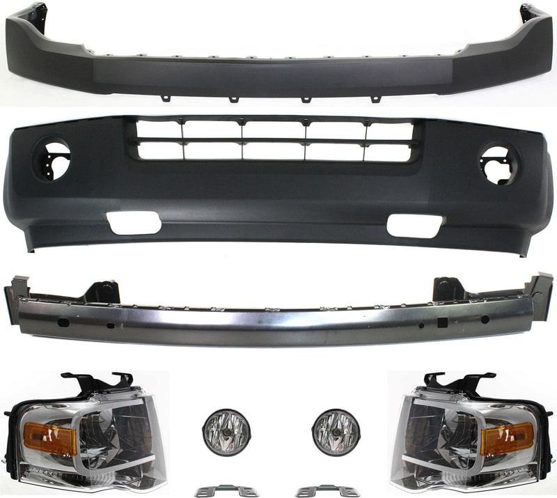 Headlight Kit for Ford Expedition 2007-2014, Right (Passenger) and Left (Driver) with Bulbs, 9-Piece Set including Bumper Brackets, Bumper Covers, Bumper Reinforcement and Fog Lights Replacement