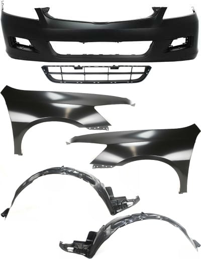 Front Bumper Cover Kit for 2006-2007 Honda Accord, 6-Piece with Bumper Grille, Fender Liners and Fenders, Replacement