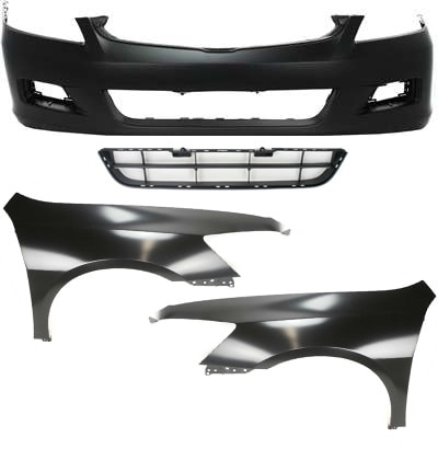 Front Bumper Cover Kit for 2006-2007 Honda Accord, 4-Piece Set with Bumper Grille and Fenders, Replacement