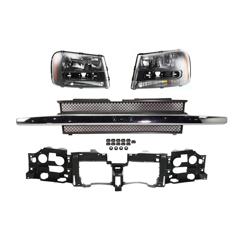 Headlight Set for 2002-2009 Chevrolet Trailblazer with Right (Passenger) and Left (Driver) Bulbs, 4-Piece Kit, Includes Grille Assembly and Header Panel Replacement
