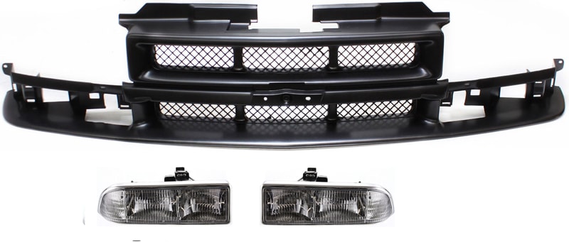 Headlight Assembly Kit for Chevrolet Blazer 1998-2005, S10 1998-2004, Right (Passenger) and Left (Driver), Halogen, 3-Piece with Grille Assembly, Replacement