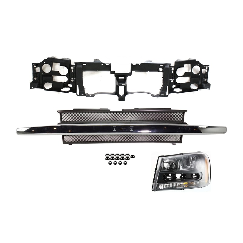 Headlight Assembly Kit for 2002-2009 Chevrolet Trailblazer/Trailblazer EXT, Left (Driver) Side, Halogen, 3-Piece set with Grille Assembly and Header Panel, Replacement