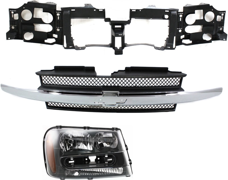 Headlight Assembly Kit for Chevrolet Trailblazer/Trailblazer EXT 2002-2009, Right (Passenger) Halogen, 3-Piece Kit with Grille Assembly and Header Panel Replacement