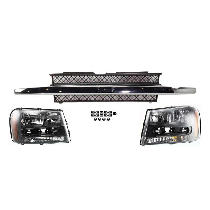 Headlight Assembly Kit for Chevrolet Trailblazer/Trailblazer EXT 2002-2009, Right (Passenger) and Left (Driver), Halogen, 3-Piece Kit, with Grille Assembly Replacement