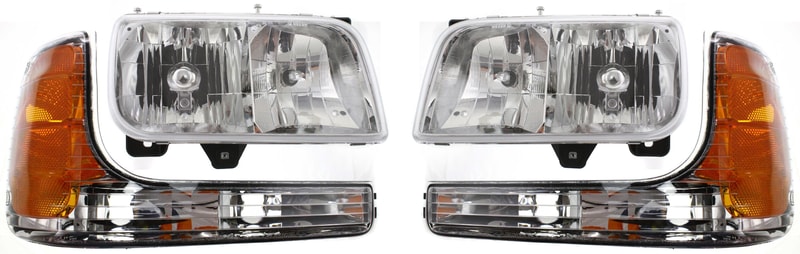 Headlight with Bulbs for Cadillac Escalade/Yukon, 1999-2000, Right (Passenger) and Left (Driver), 4-Piece kit, with Parking Lights, Replacement